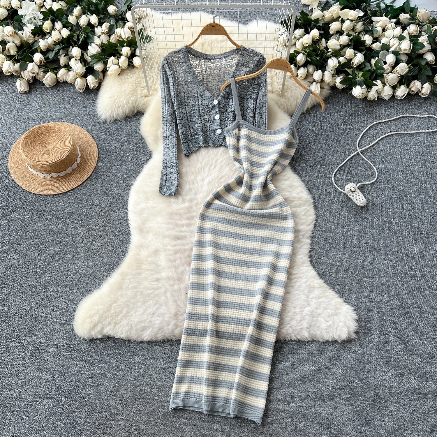 Two piece set Hook flower hollow striped Two Piece Set