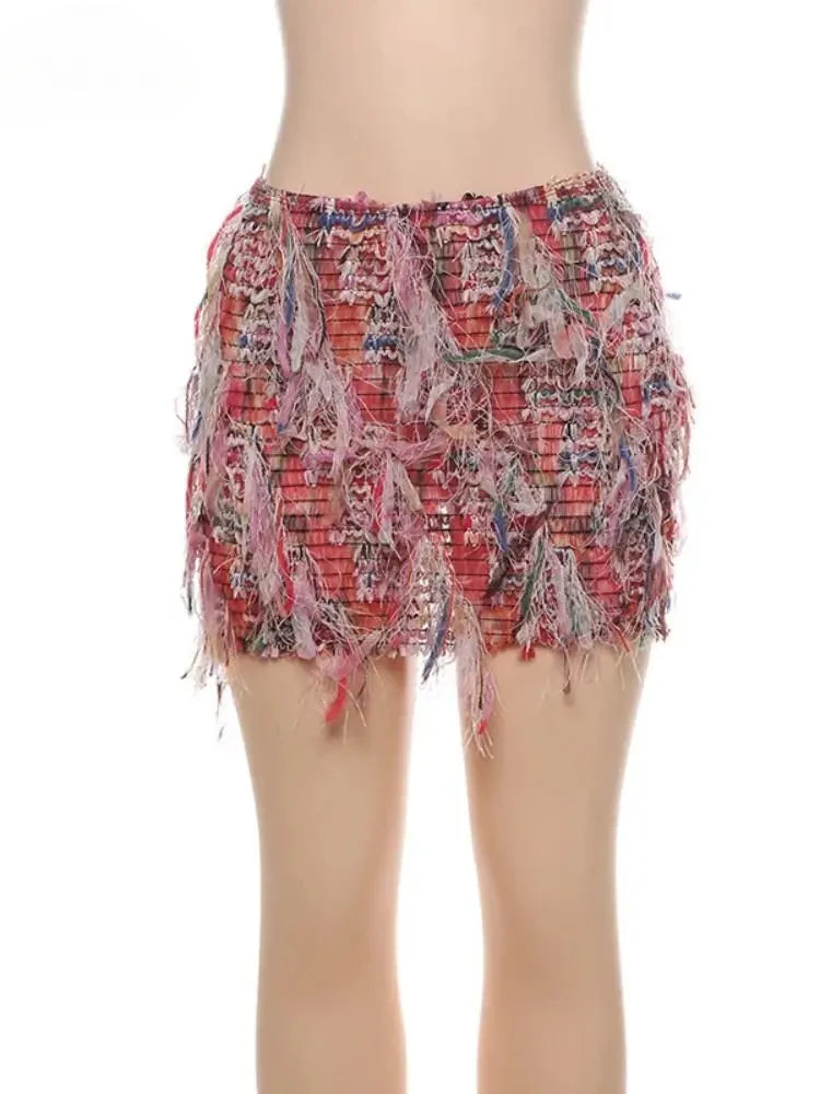 Colorful Striped Tassel Mini Skirts