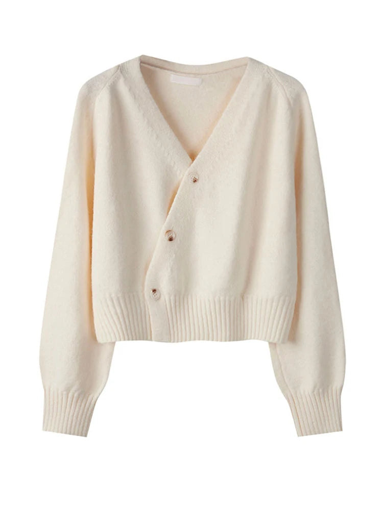 Autumn Winter Skew Button Cardigan V-neck Sweater Knitted Long Sleeve Tops Korean Loose Solid Cashmere Sweater