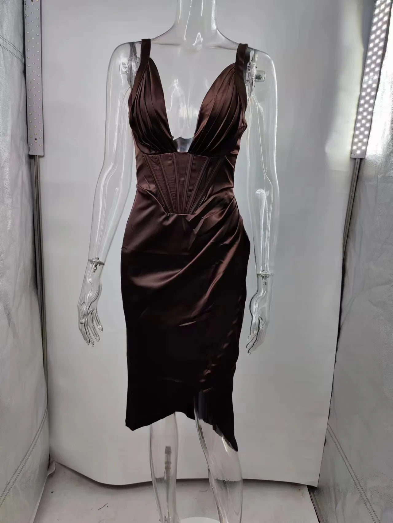 Deep V Neck Spaghetti Strap Satin Dresses