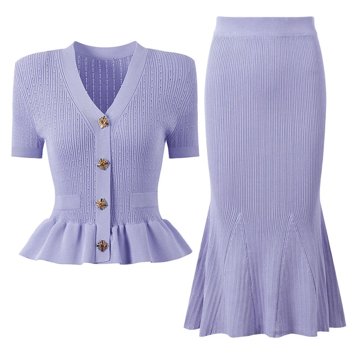 Knitted Two Piece Set Short Sleeve Knitting Cardigan Fishtail Long Skirt Suit