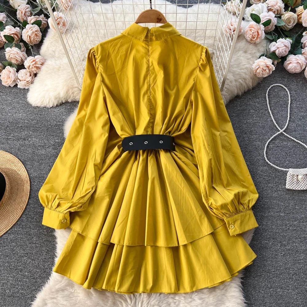 Y2k Loose Mid Length Lapel Ruffles Waist Dress