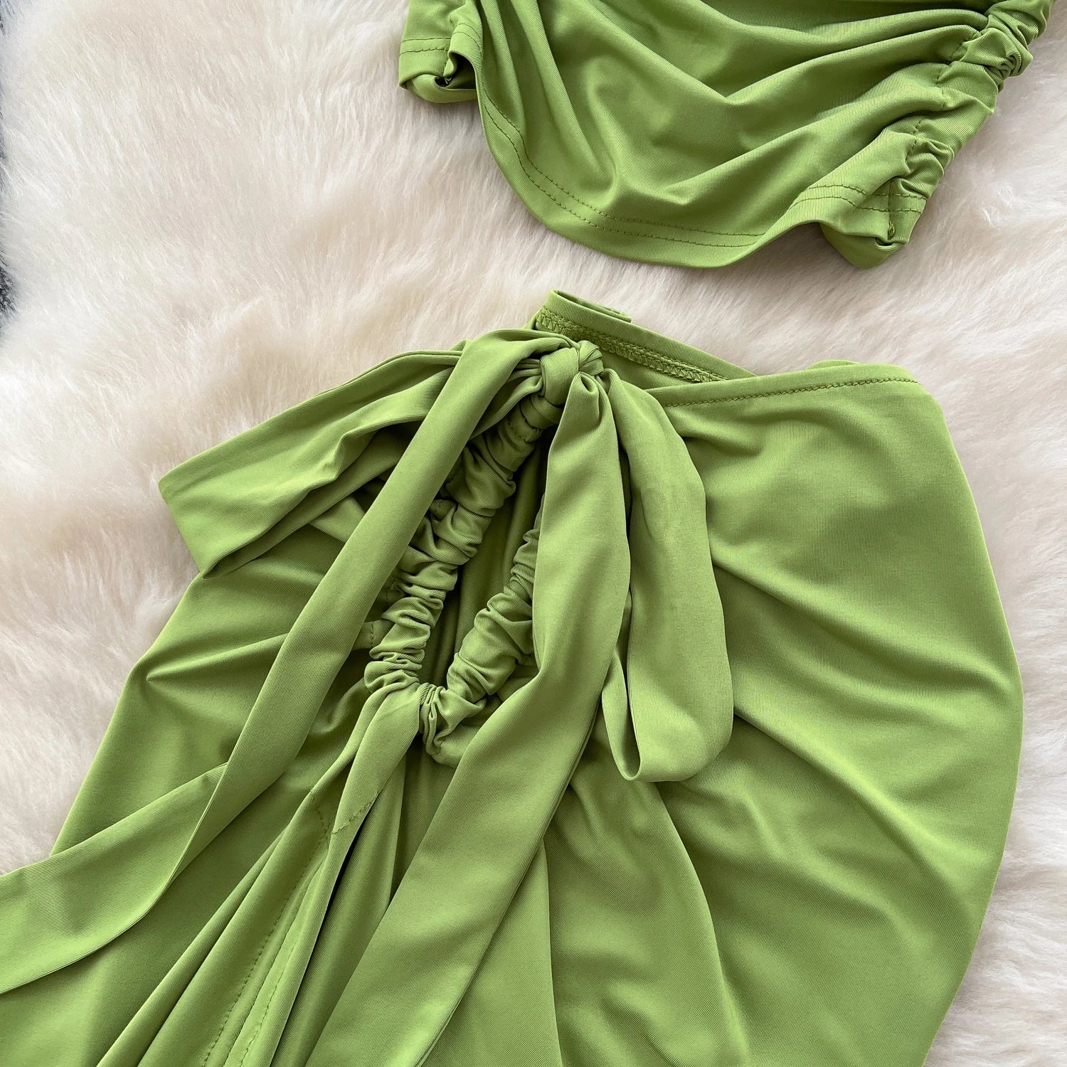 Halter Pleated Backless Top+Lace Up Split Long Skirt Two Pieces Sets