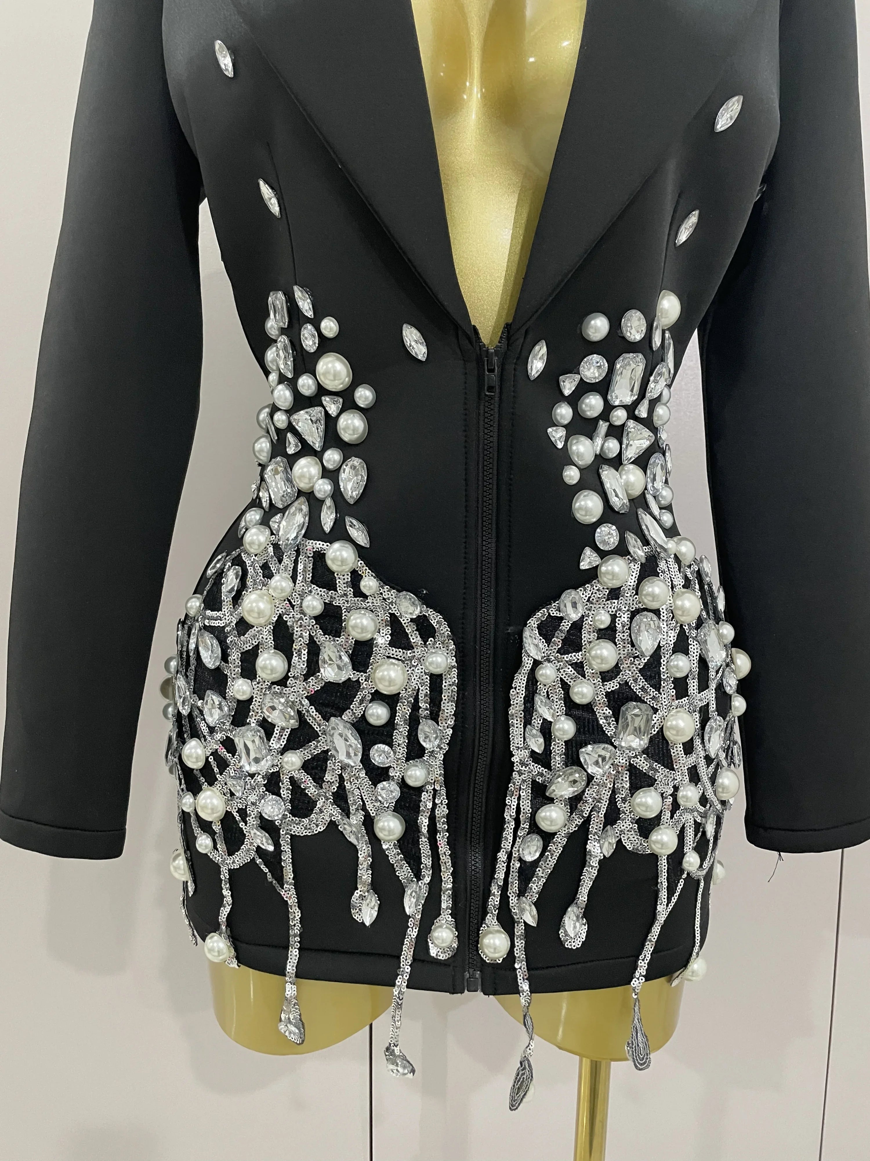 Sparkly Crystal Chains Pearls Long Sleeve Mini Dress