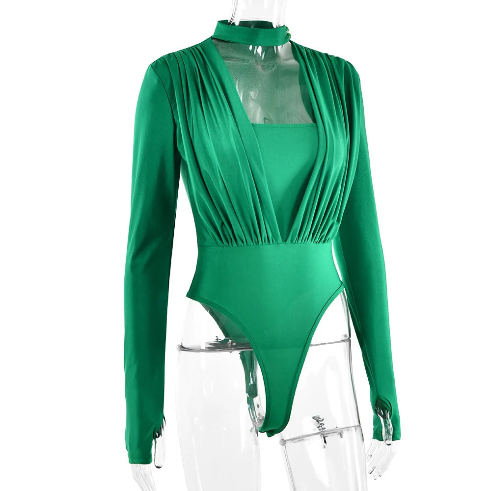 Irregular Pleated Crew Neck Full Sleeve High-waist Cutout Bodysuit