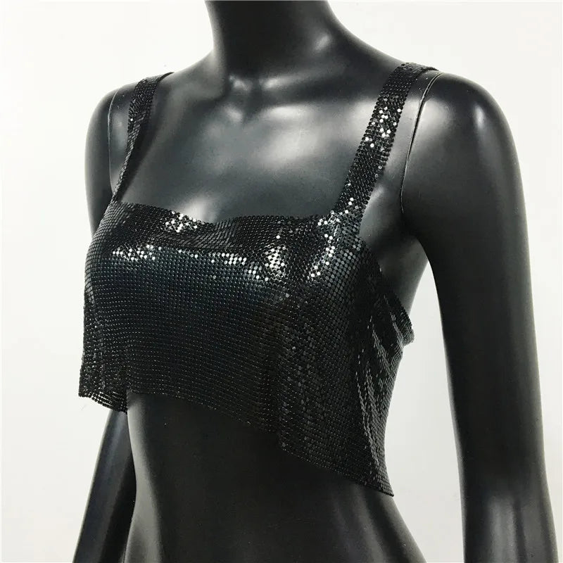 Bling Metallic Sequin Crop Top y2k Backless Straps Cropped Top