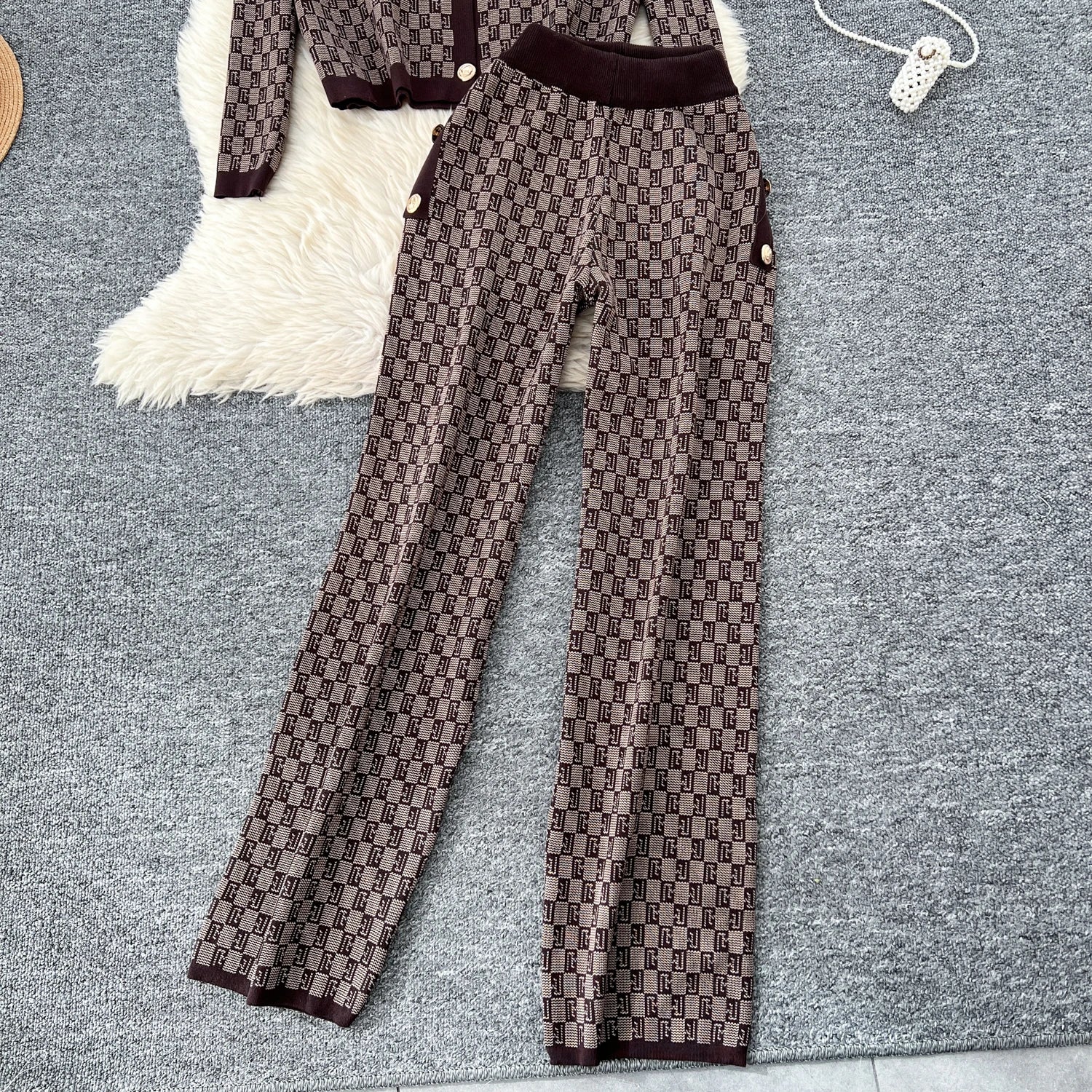Three Piece Plaid Print Sweater Suits Knit Cardigans+Elastic Long Pants
