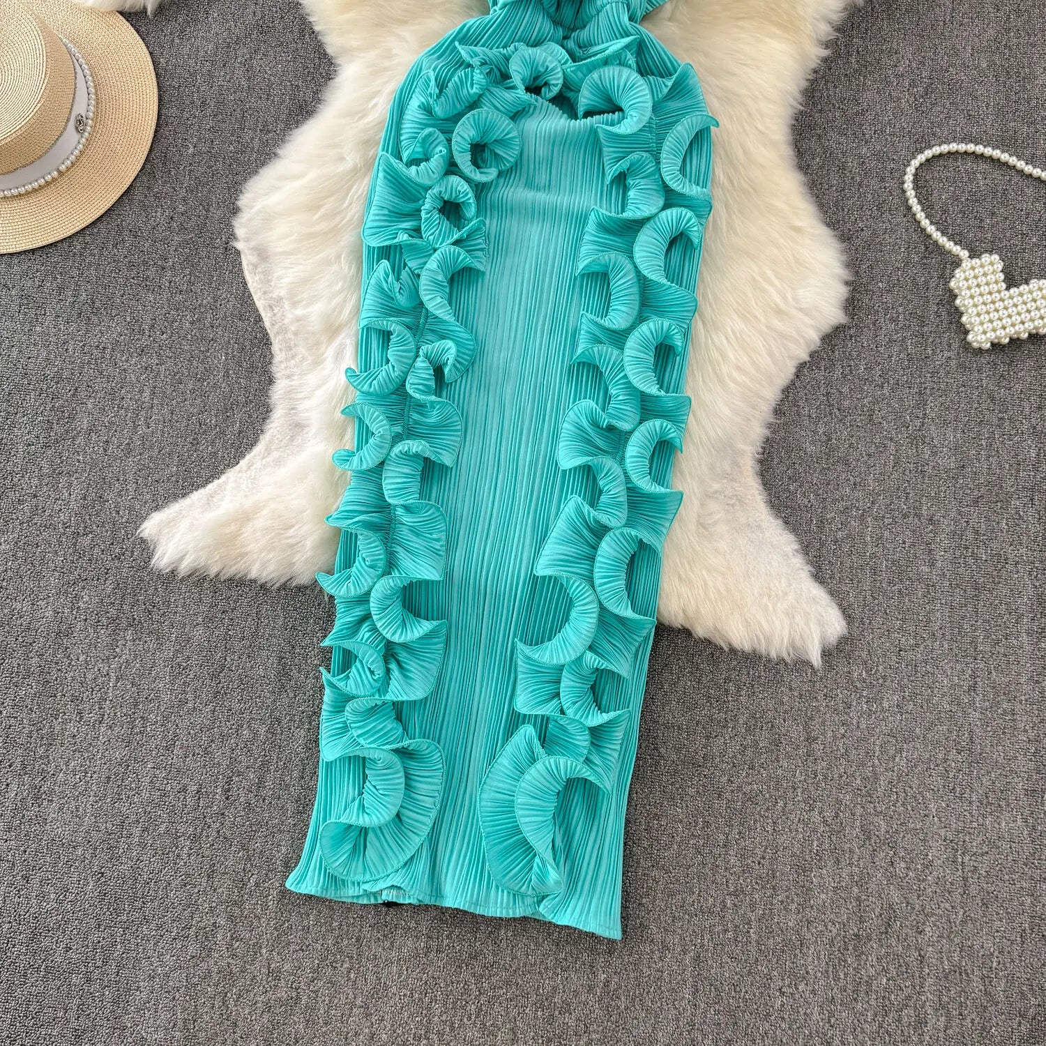 Elegant Pleated Ruffles High Waist Slim Long Dress