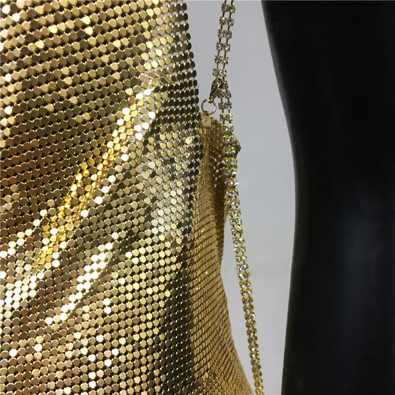 Backless Spaghetti Strap Metal Sequins Low Cut Dress