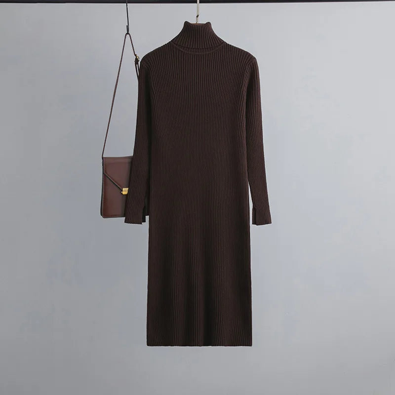 Casual Autumn Winter Knit Sweater Dress  Long Sleeve Turtleneck Bodycon Dress