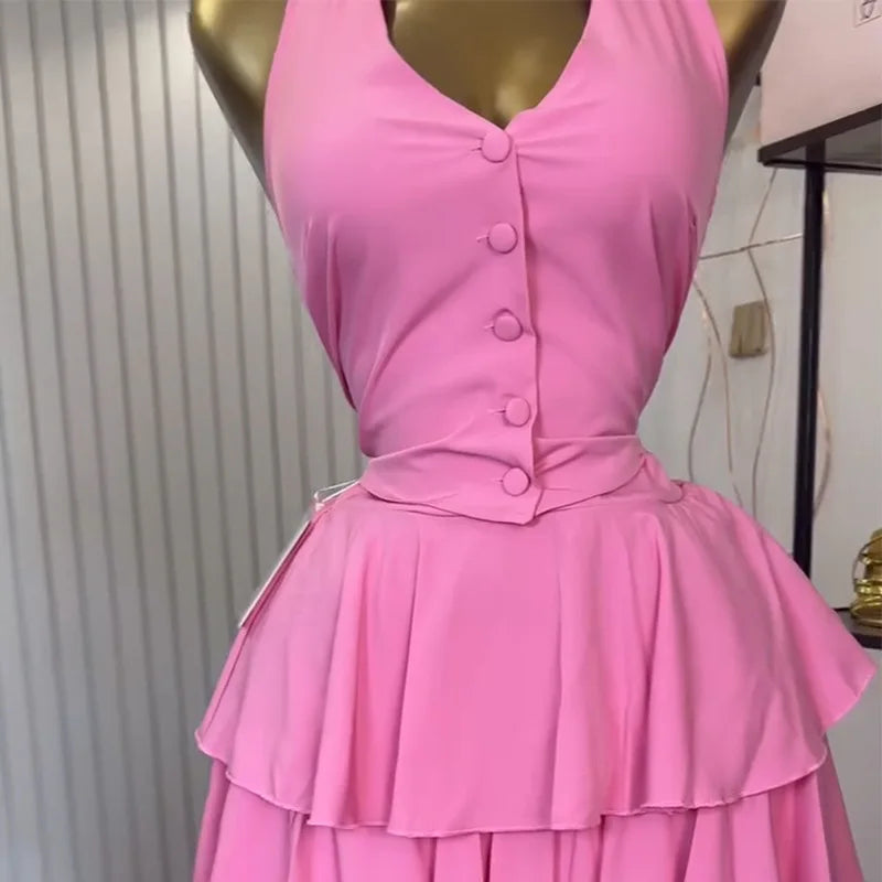 Sleeveless Vest Tops and Pleated Tiered Skirts Two Piece Set