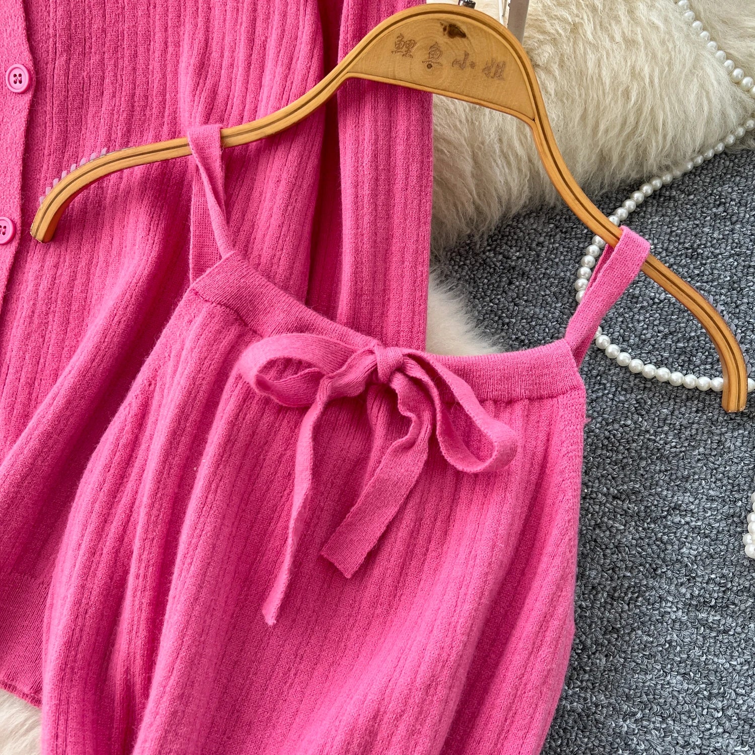 Elegant Long Sleeve Single Breasted Tops+Sleeveless Strap Bodycon Dress Knit Solid Sweater Sets