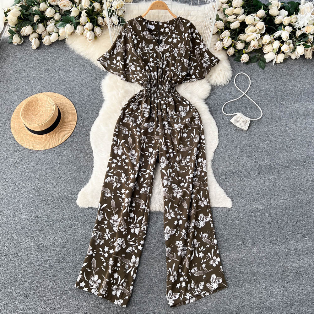 Floral V Neck Jumpsuits Retro Long Rompers