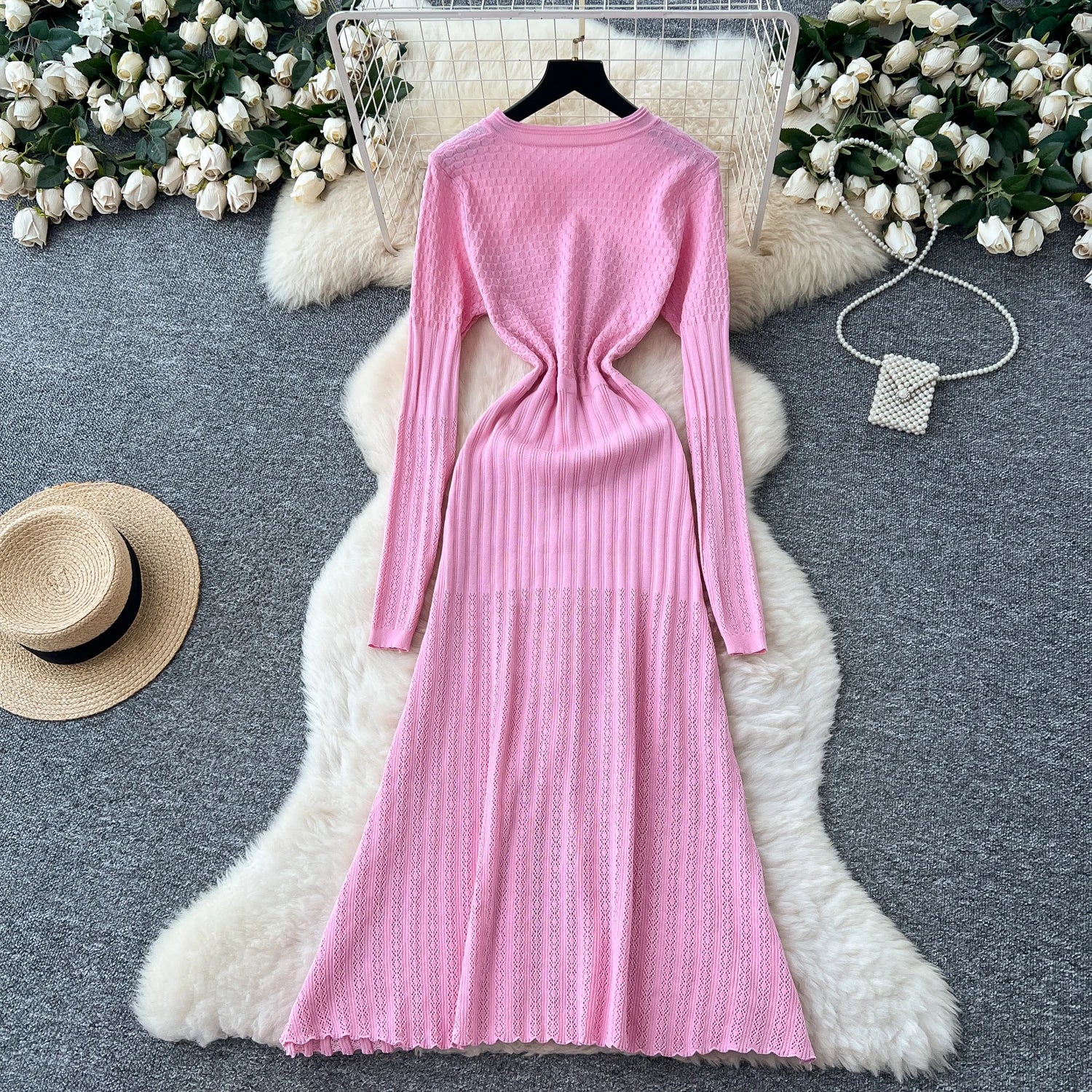 High-Waisted Knitted Long Autumn Hollow out Dress