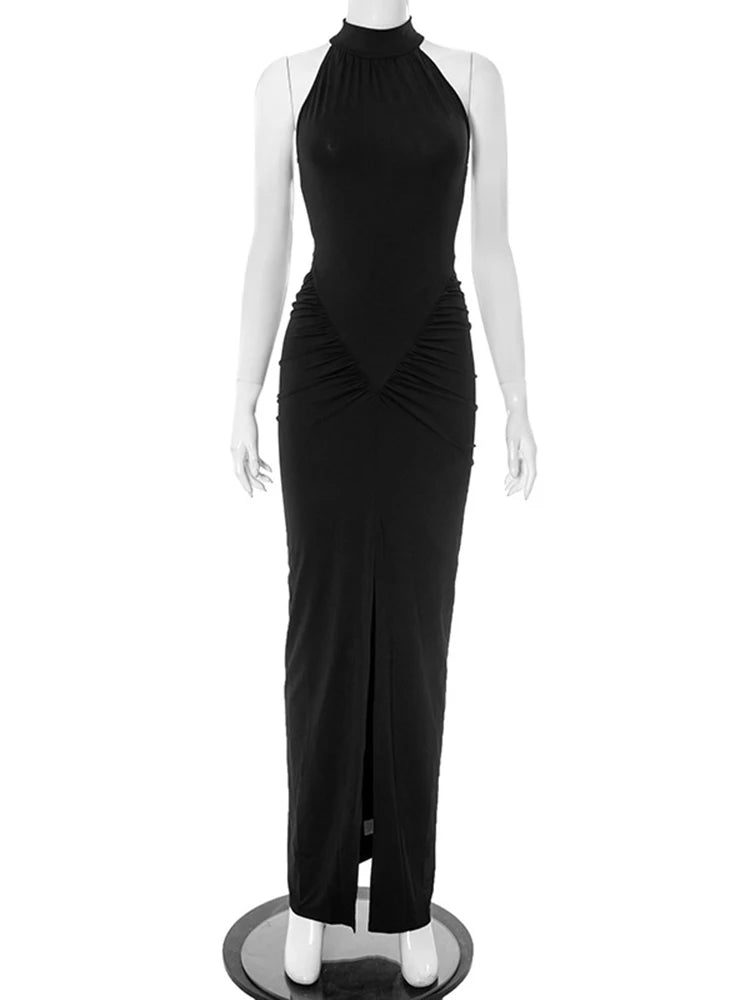 Sleeveless Halter Ruched Maxi Dress