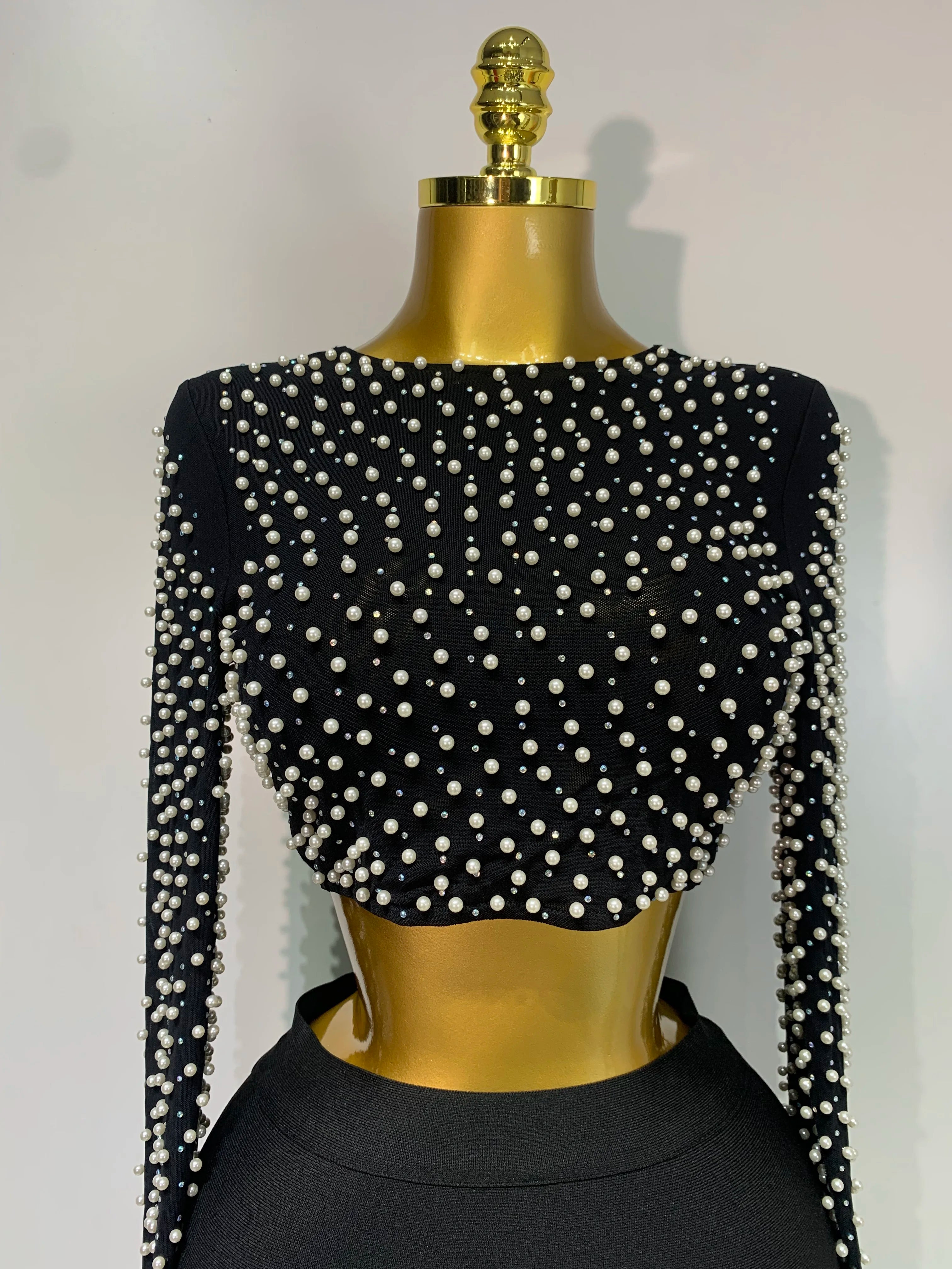 Long Sleeve Mesh Pearl Top  Midi Skirt Bandage Two Set