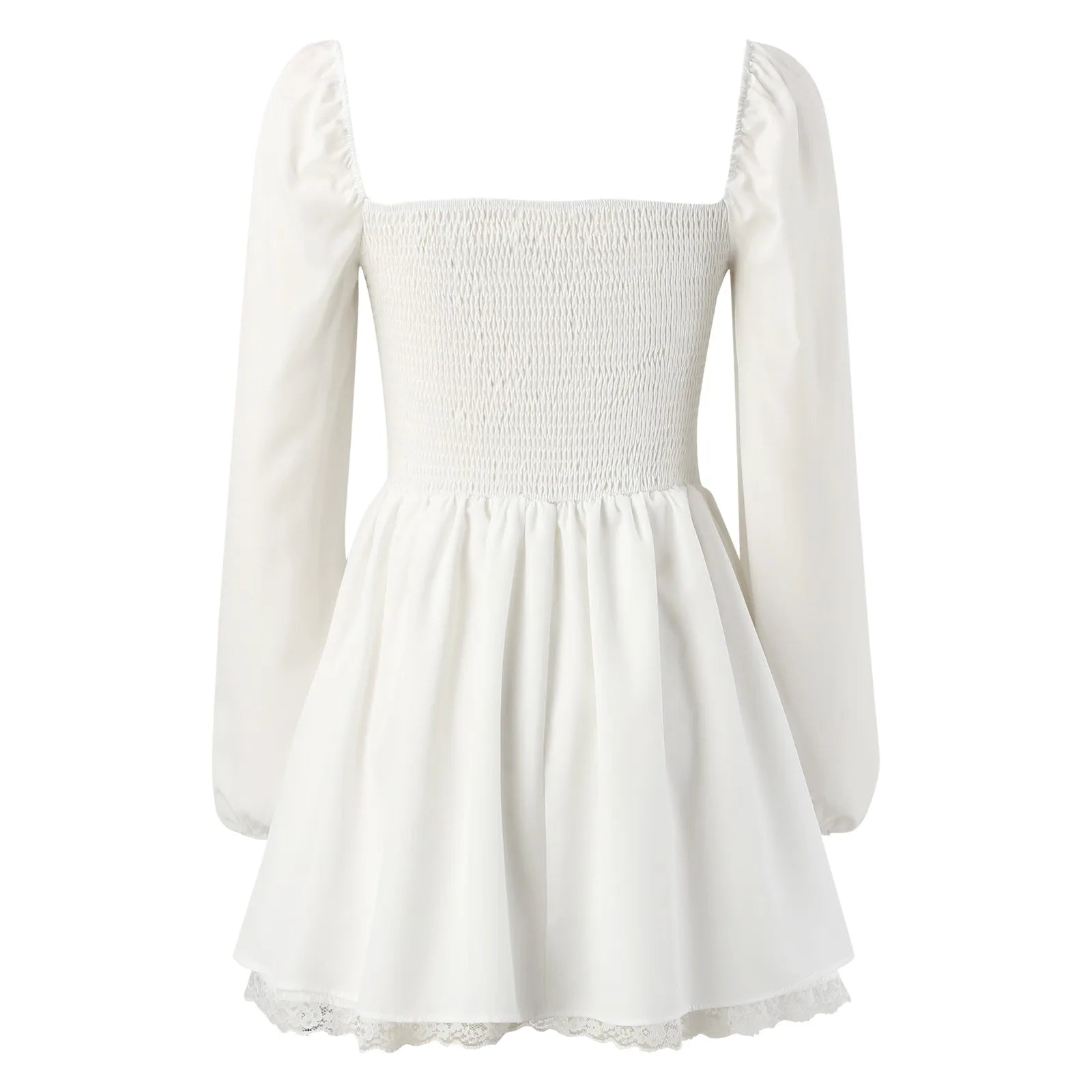 White Corset Long Sleeve Square Neck Lace  A-line Mini Dress