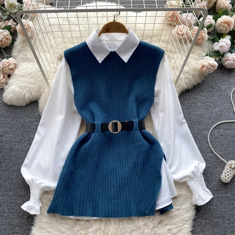 Luxury Style Loose-fit Long Sleeve White Shirt Side Slit Knit Vest 2-piece Set