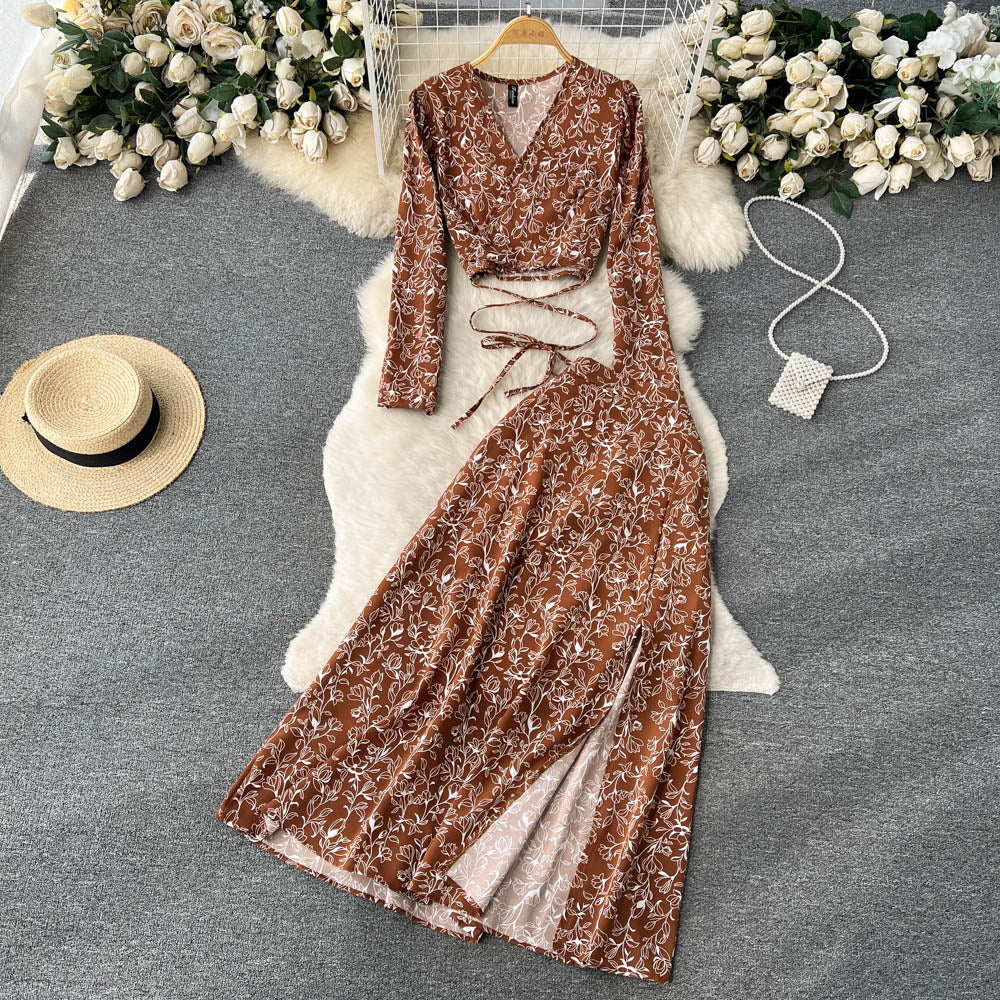 Chiffon Two Pieces Suits Lace Up Top+ Split Long Skirt Sets