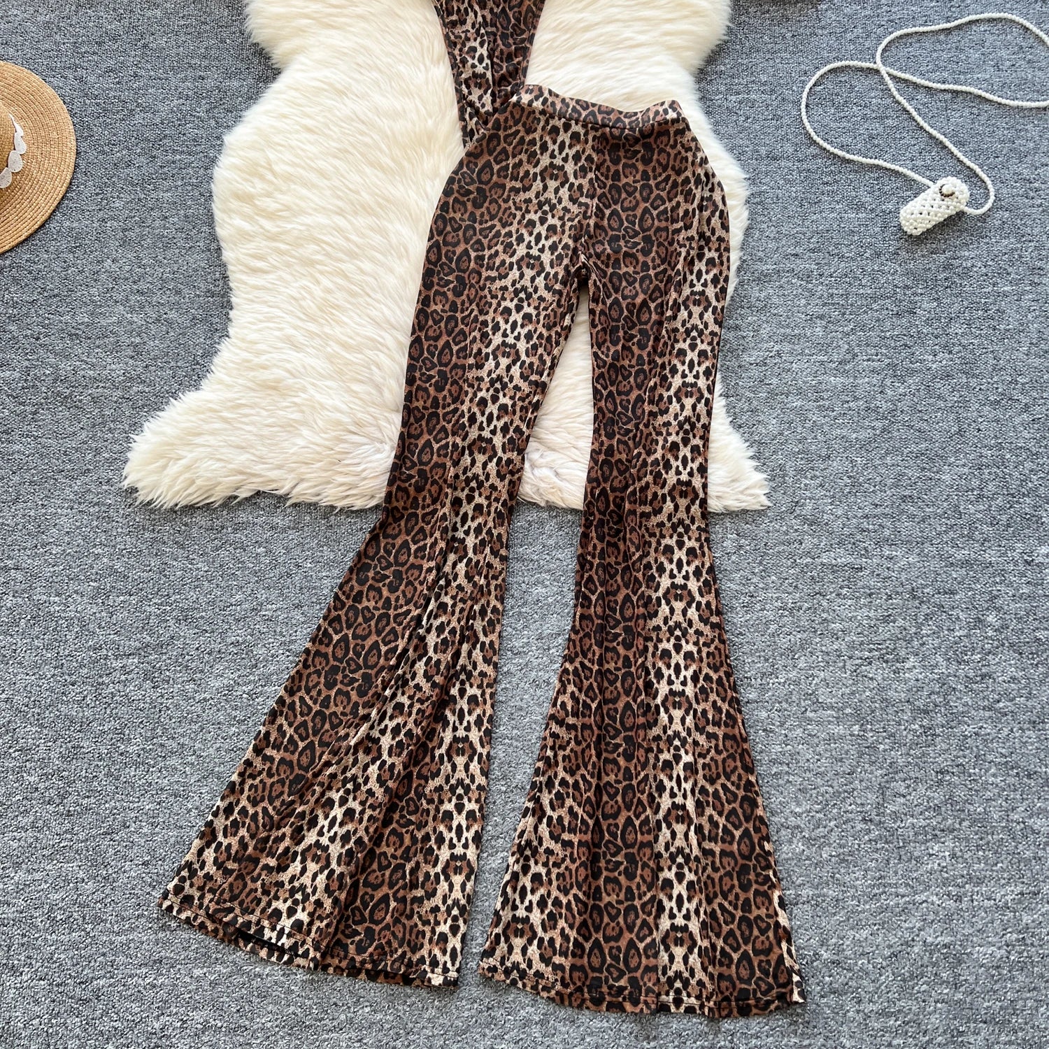 Leopard Strap Tops+Elastic Waist Flared Pants Set