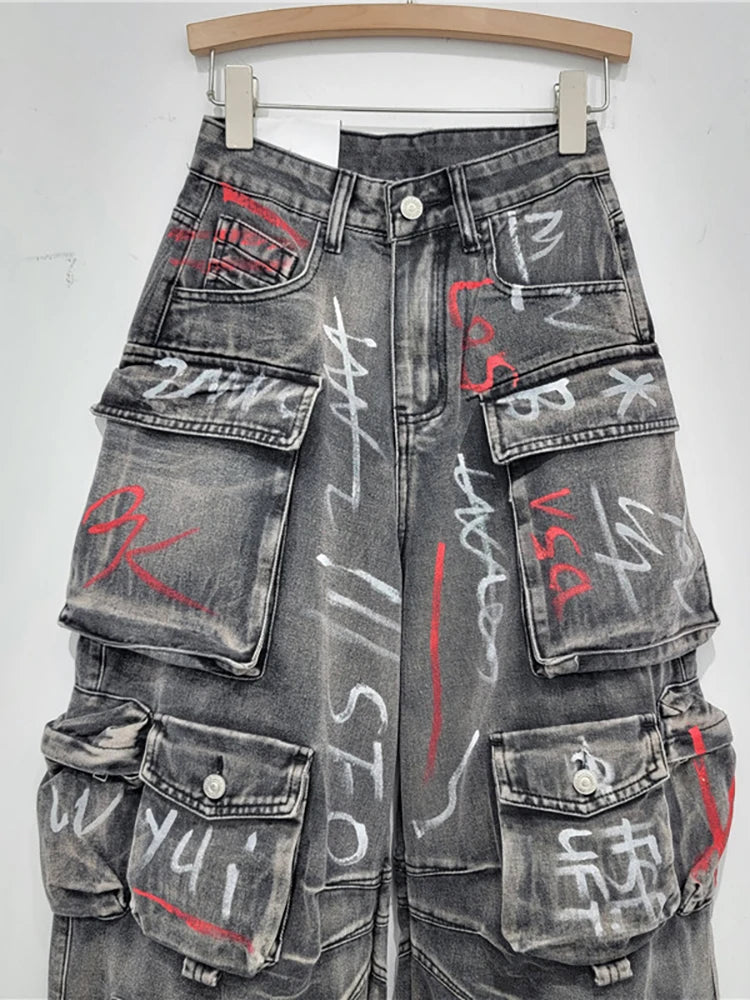 high waist Multiple pockets Graffiti Grey straight wide leg cargo denim