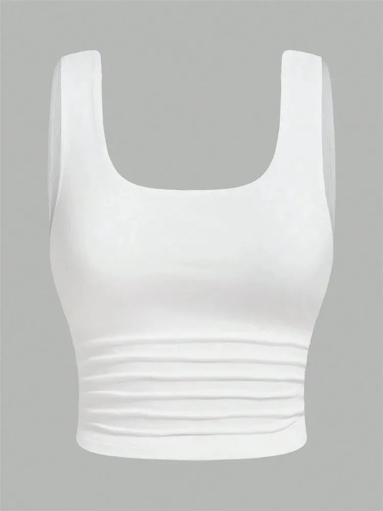 Ruched U-neck Solid Basic Sleeveless Tank Crop Top