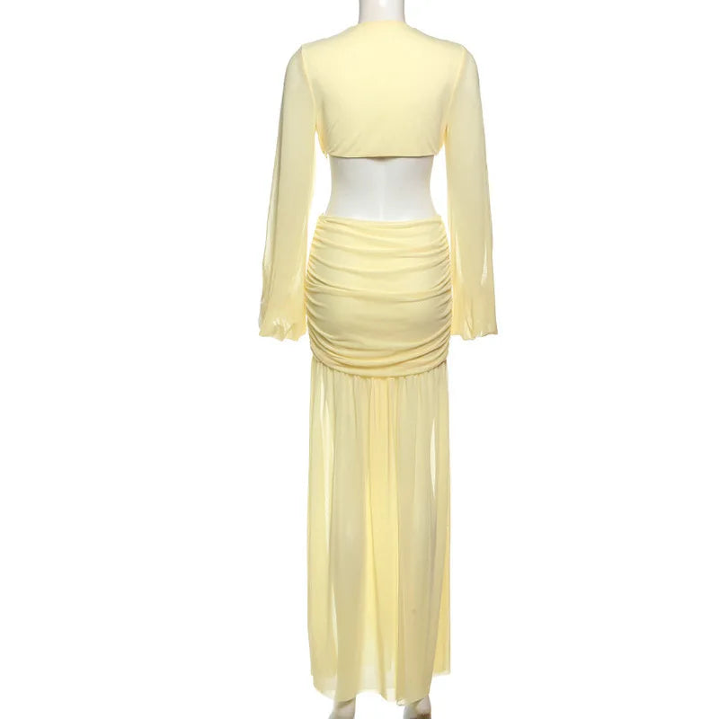 Pleated Maxi Deep V Neck Patchwork Dress