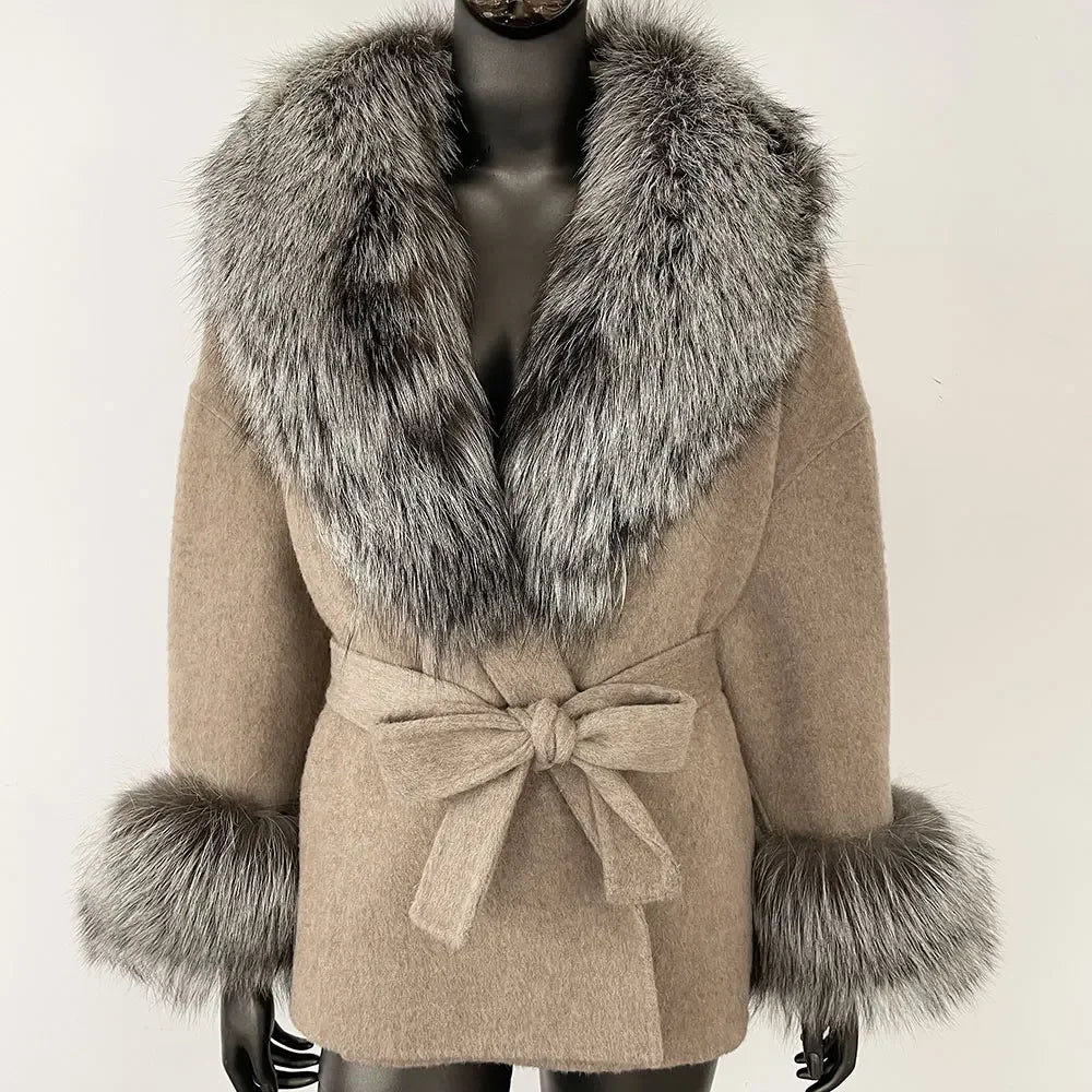 Winter Loose Outerwear Casual Natural Real Raccoon Fox Fur Blends Wool Coat