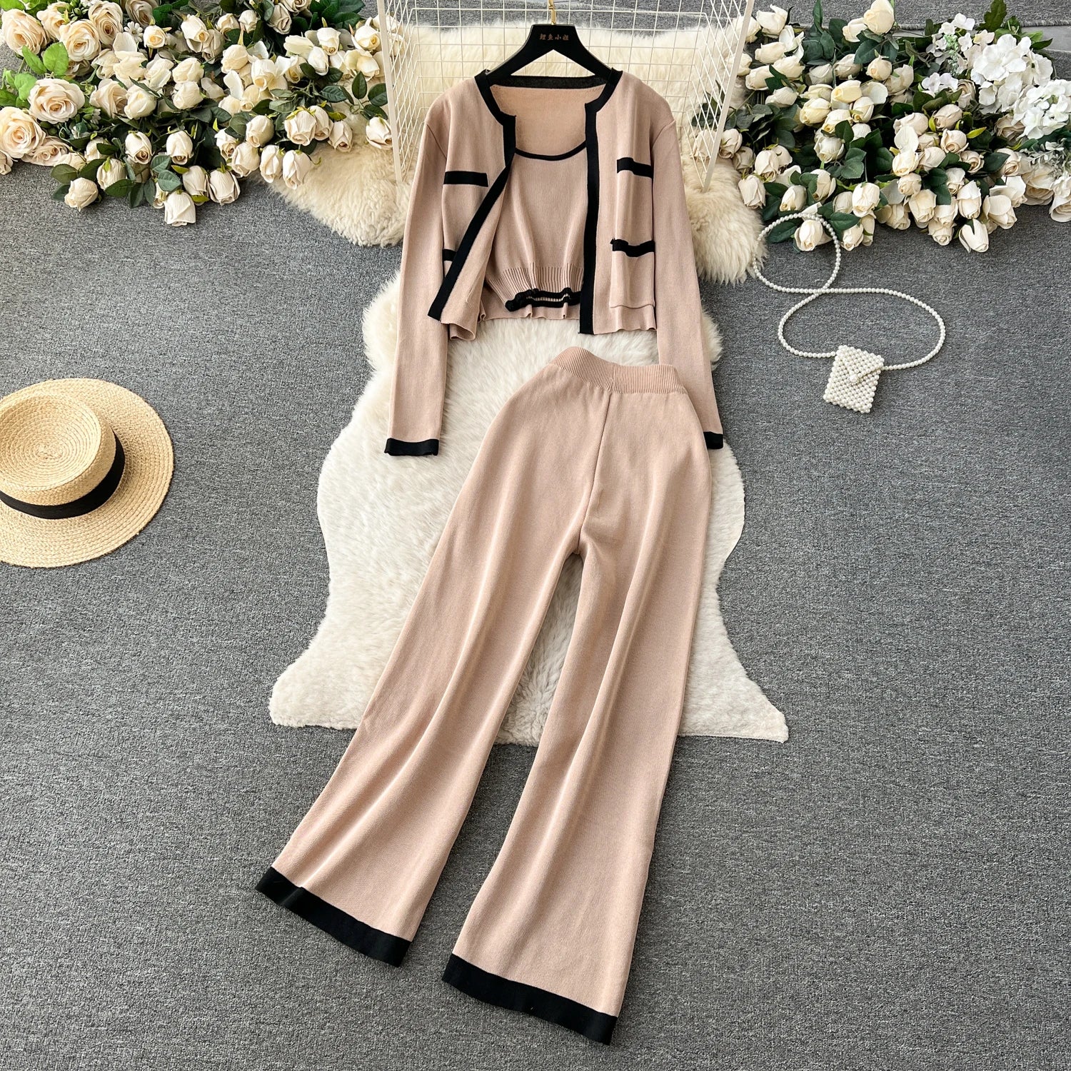 Three Pieces Sets Tank Top+Long Sleeves Short Cardigan+Elastic Long Pants Set