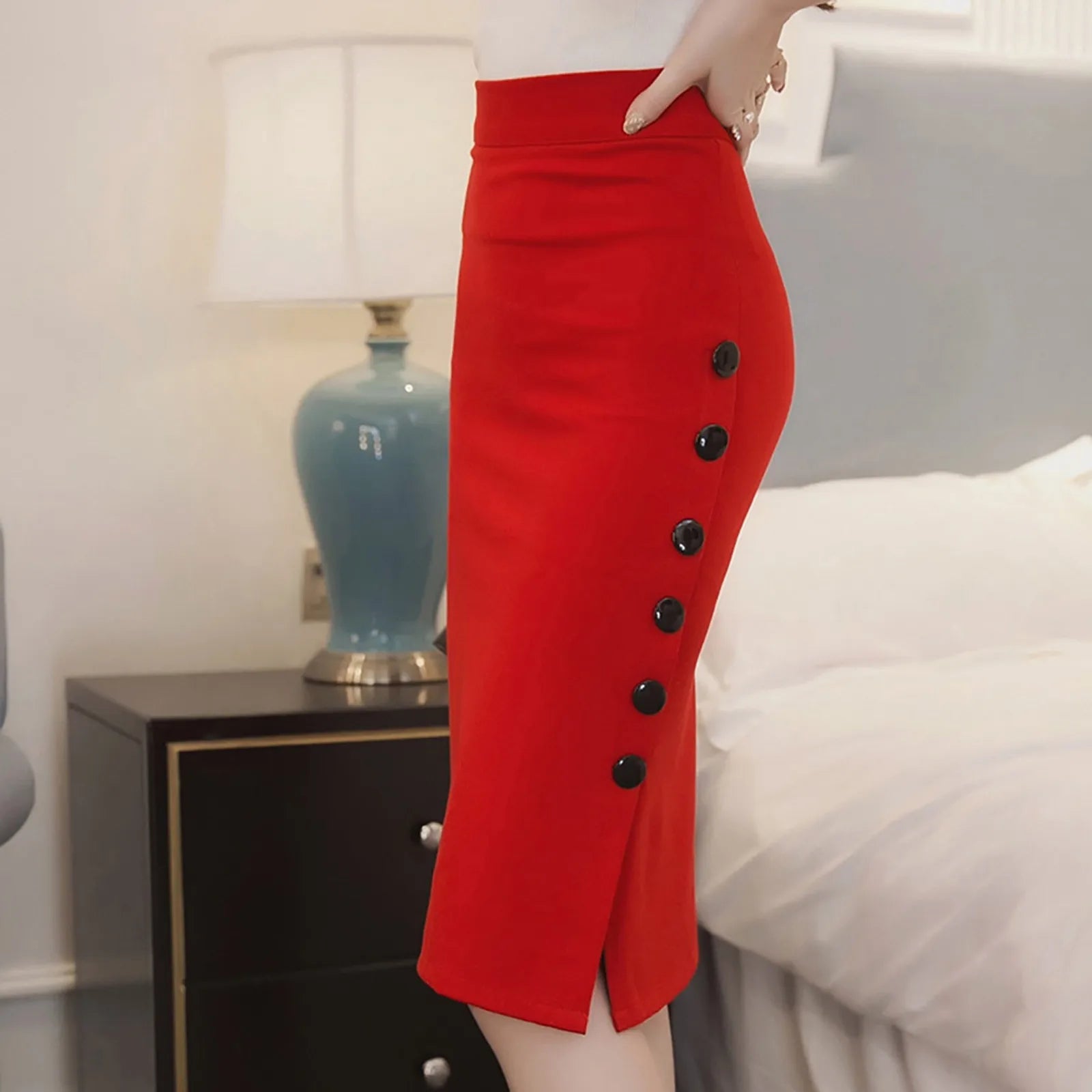 High Waisted Button Split Office Pencil Skirt