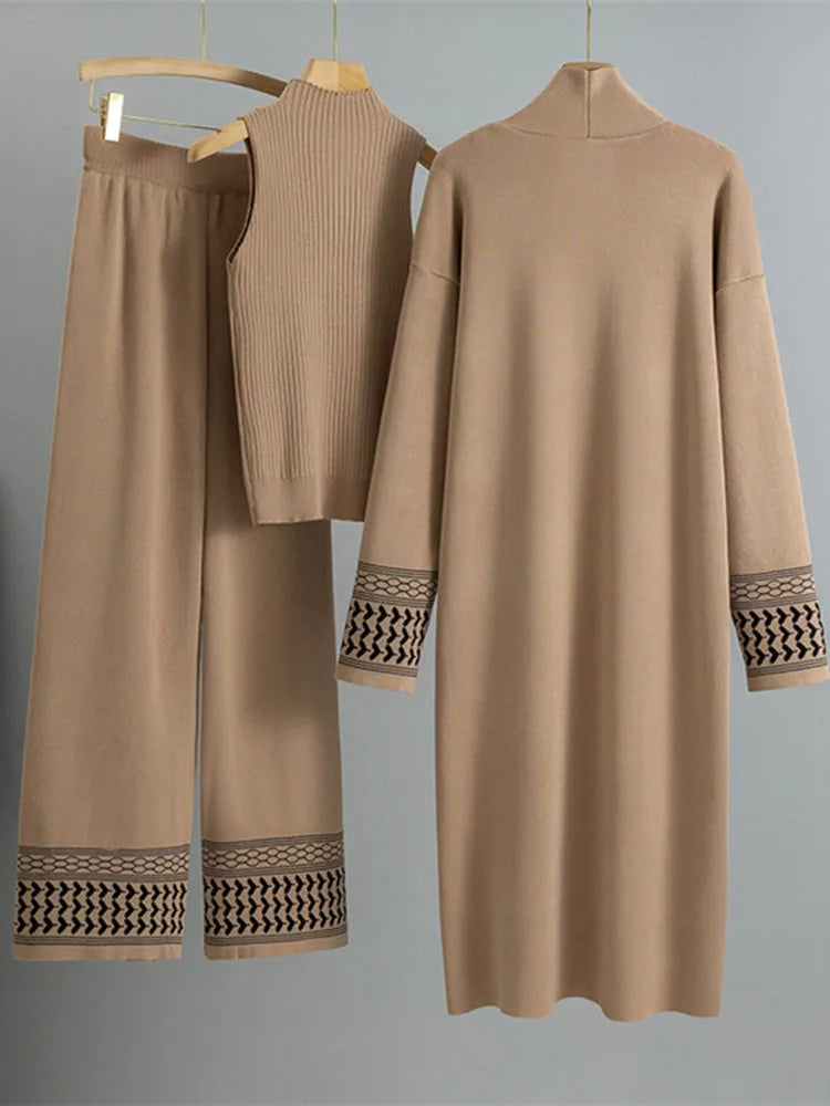 Elegant Knitted 3 Piece Sets Knit Vest Sweater Long Cardigan Tops Conjuntos High Waist Wide Leg Pants Outfit