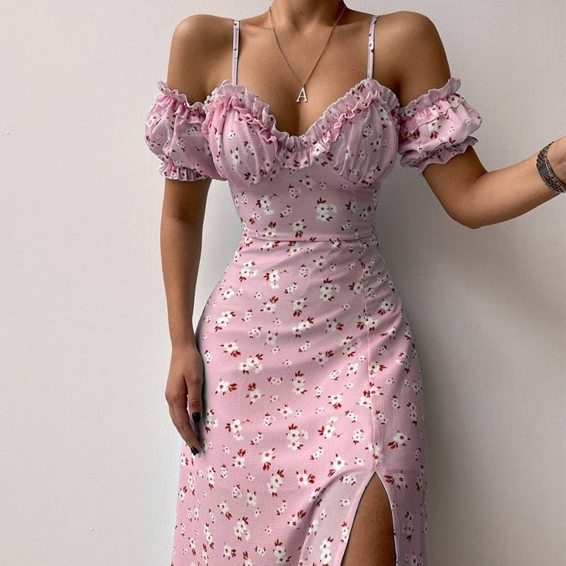 Ruffle Strapless Slit Off Shoulder V-Neck Floral Print Dress