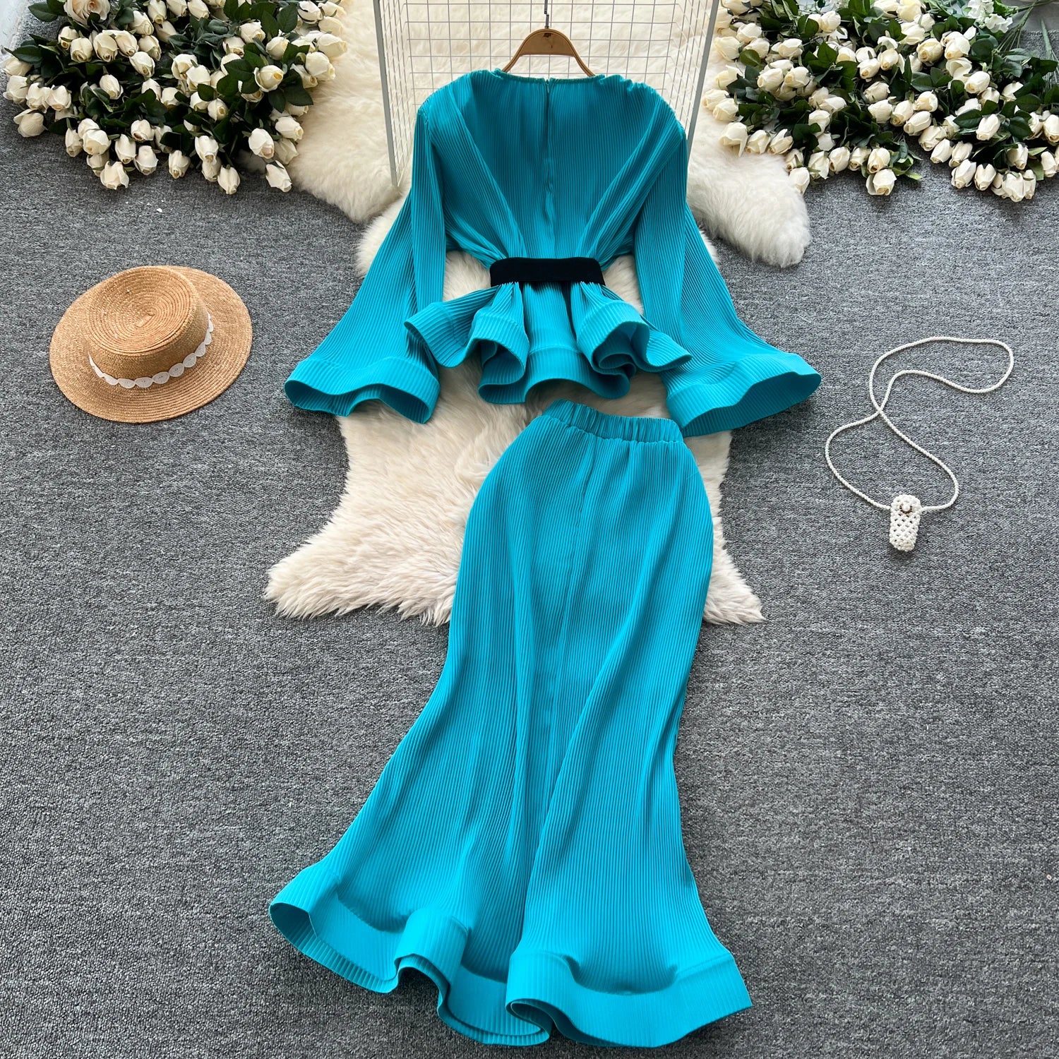 3D Flower 2pc Set Flare Sleeve Tops+Bodycon Mermaid Skirt