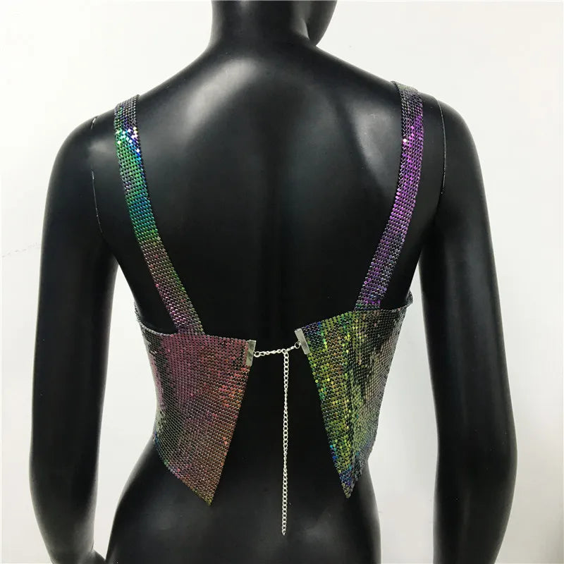 Bling Metallic Sequin Crop Top y2k Backless Straps Cropped Top