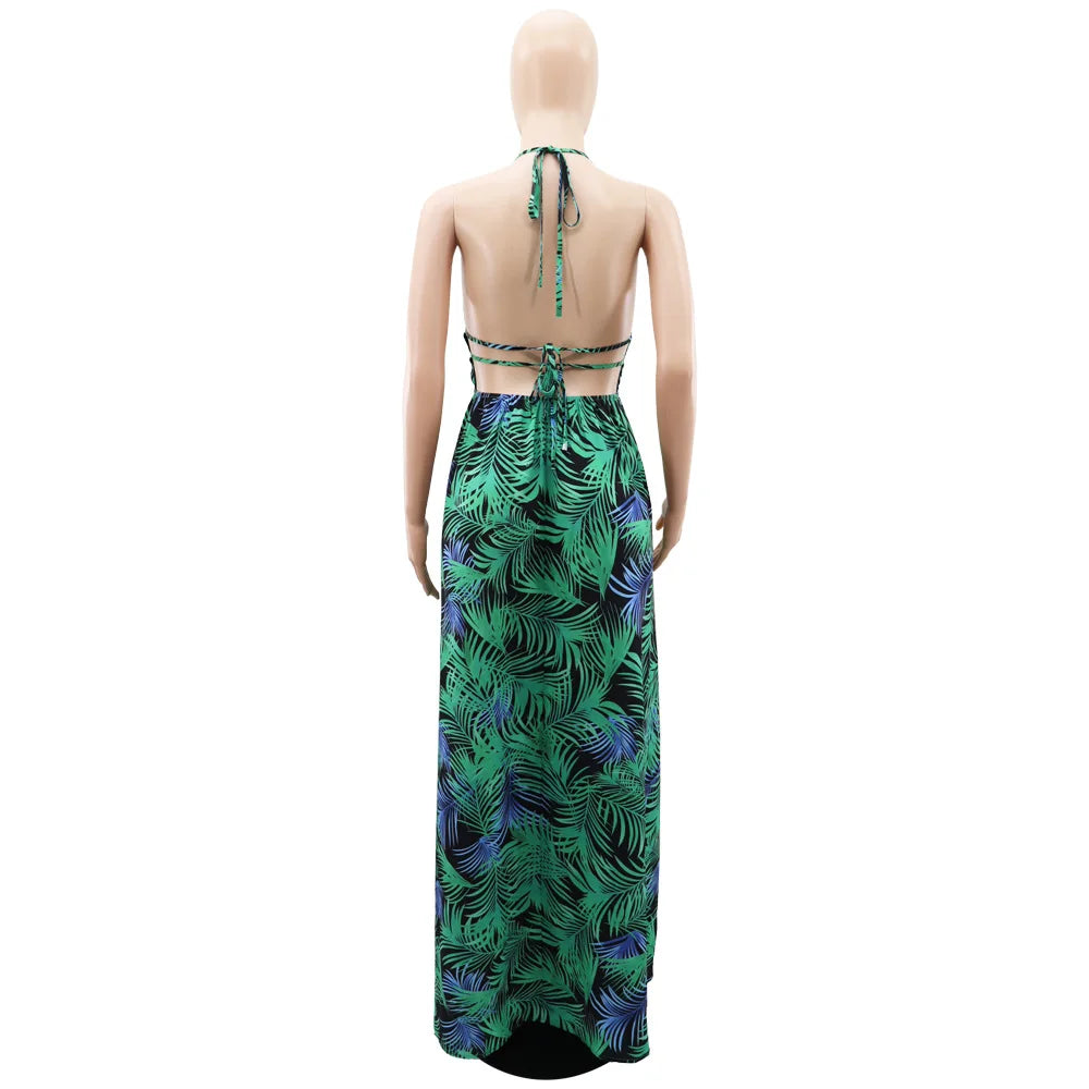 Leaf Printed Spaghetti Strap Backless Deep V-neck Straight Maxi Long Dress