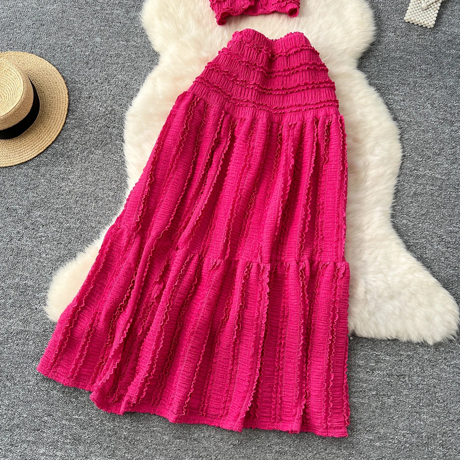Casual Single Breasted Mini Camisole+Elastic Waist A Line Fold Slim Skirt Two Piece Sets