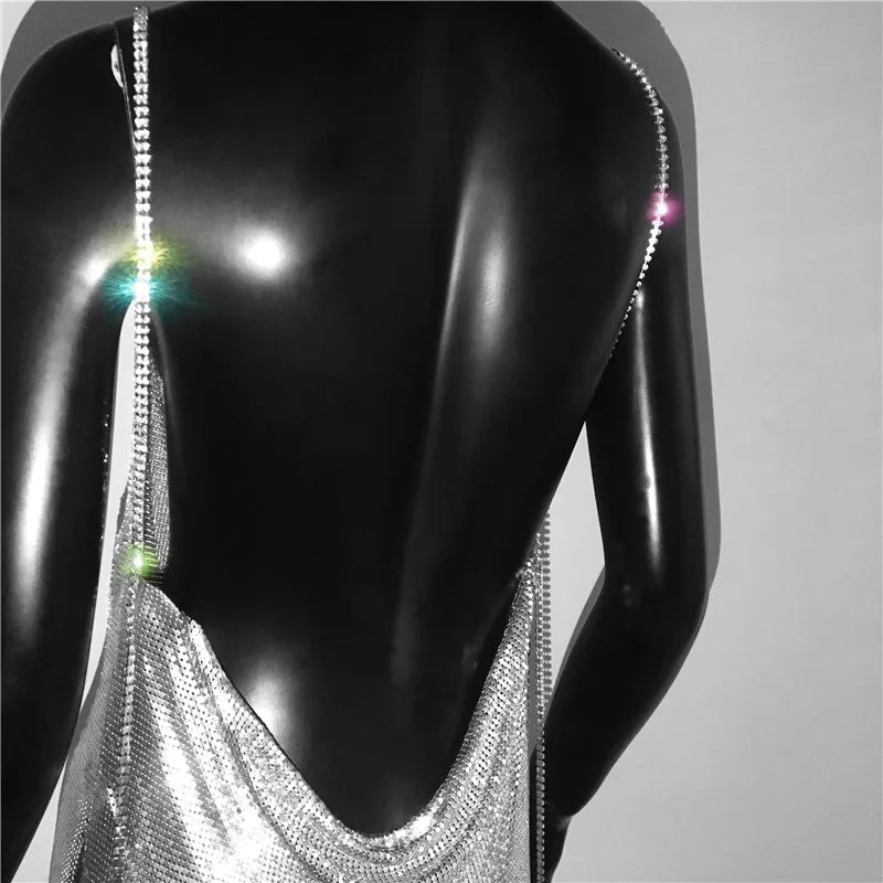 Backless Spaghetti Strap Metal Sequins Low Cut Dress