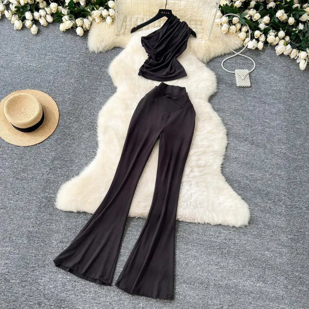 Two Pieces Sets Elegant Chic Skew Collar Pleated Tops + High Waist Flare Casual Pants  Outfits