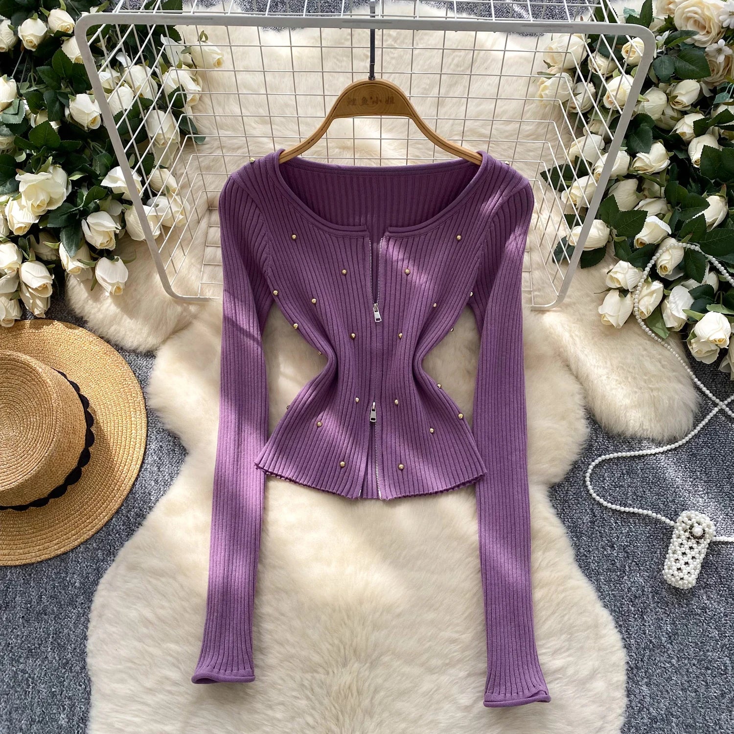 Slim Pullovers Beadings Zippers Short Knitted Skinny Tops