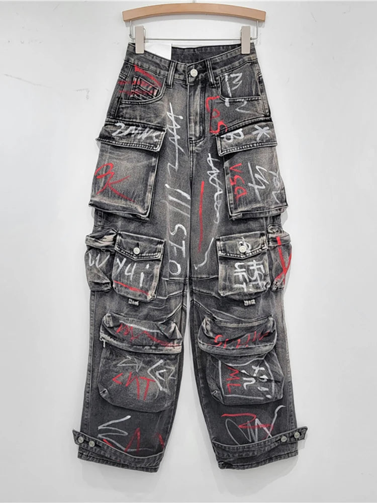 high waist Multiple pockets Graffiti Grey straight wide leg cargo denim