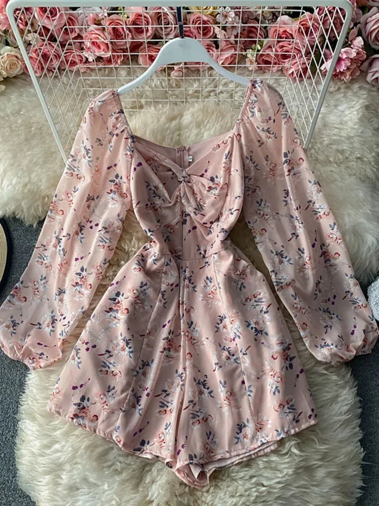 V-neck Puff Sleeves Folds Slim Floral Wide-leg Playsuit Jumpsuit