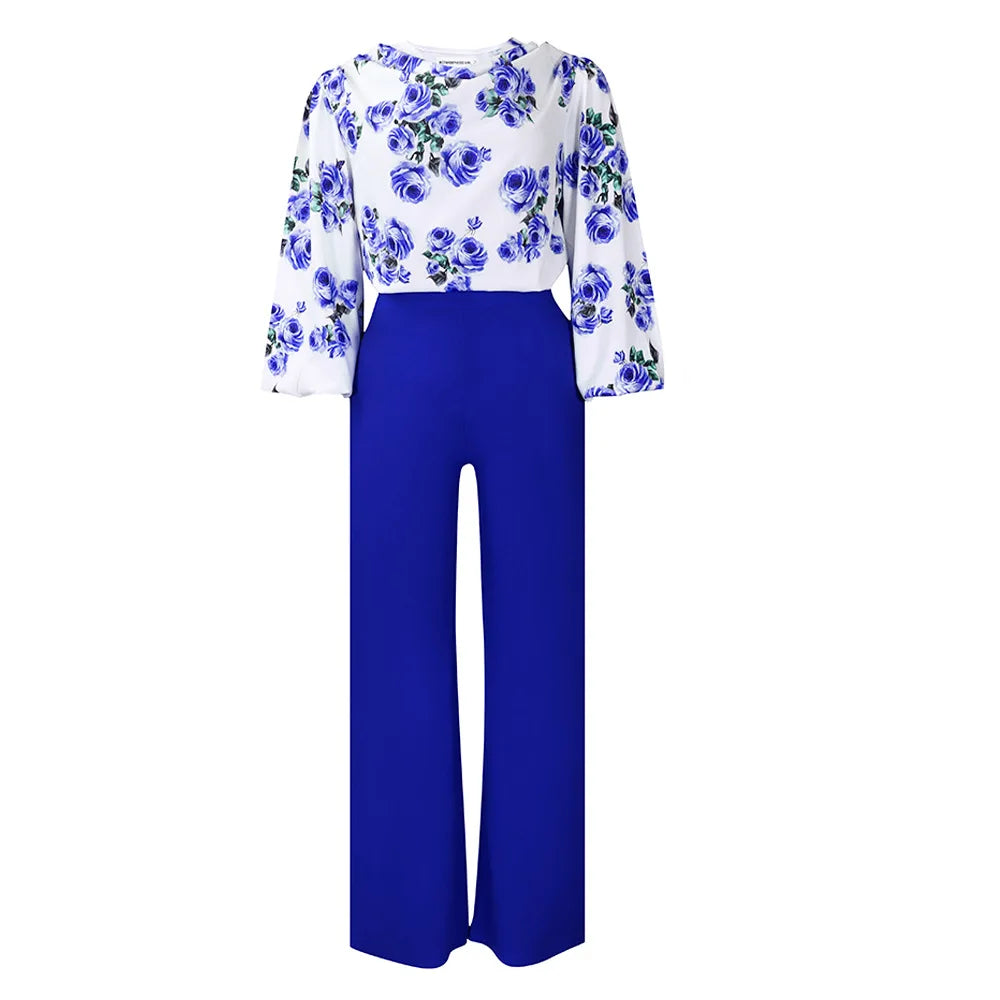 Two Piece Sets Slim Fit Print Floral Round Neck Lantern Sleeve Elegant Splice Wide Leg Long Pants