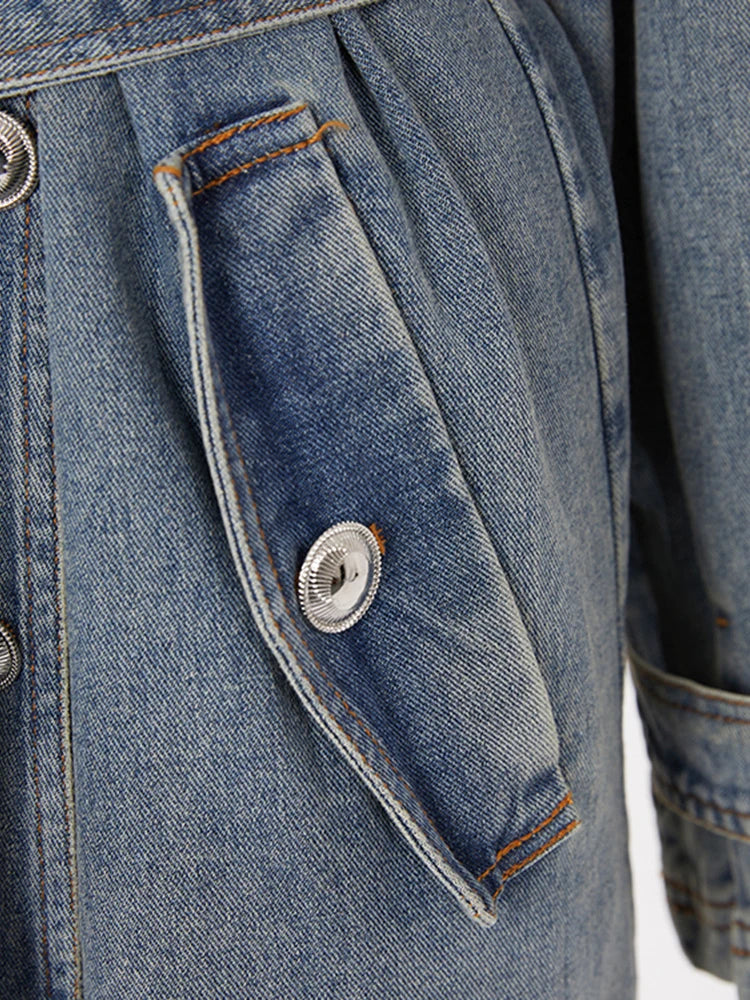 Blue Denim Big Size Long Trench Lapel Long Sleeve Loose Fit Windbreaker