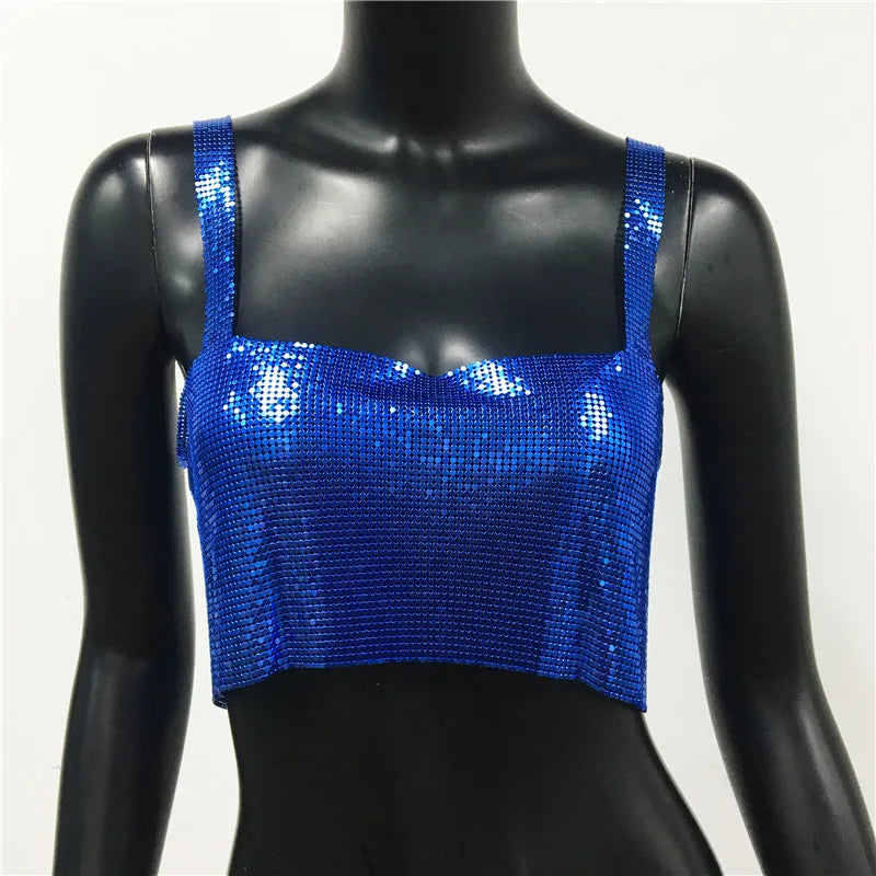 Bling Metallic Sequin Crop Top y2k Backless Straps Cropped Top
