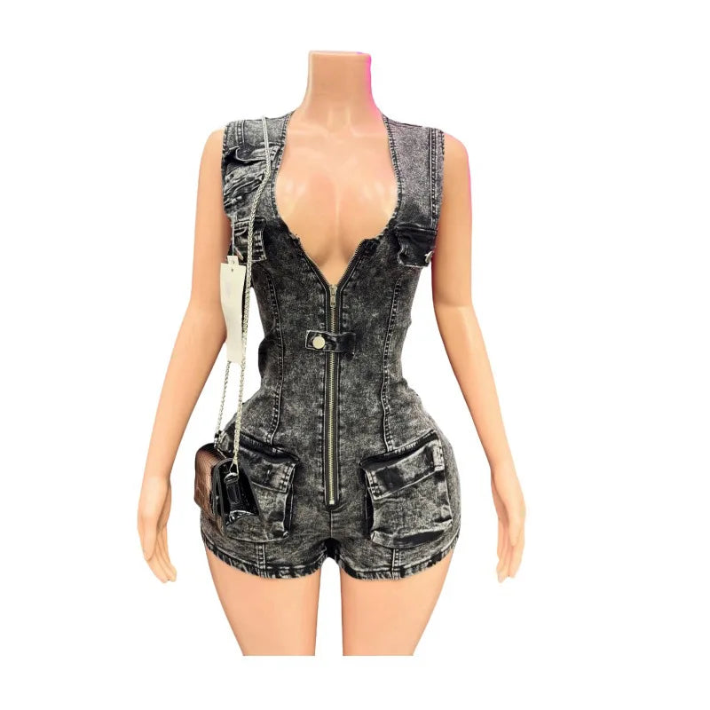 Sleeveless Denim Short Demin Jumpsuit
