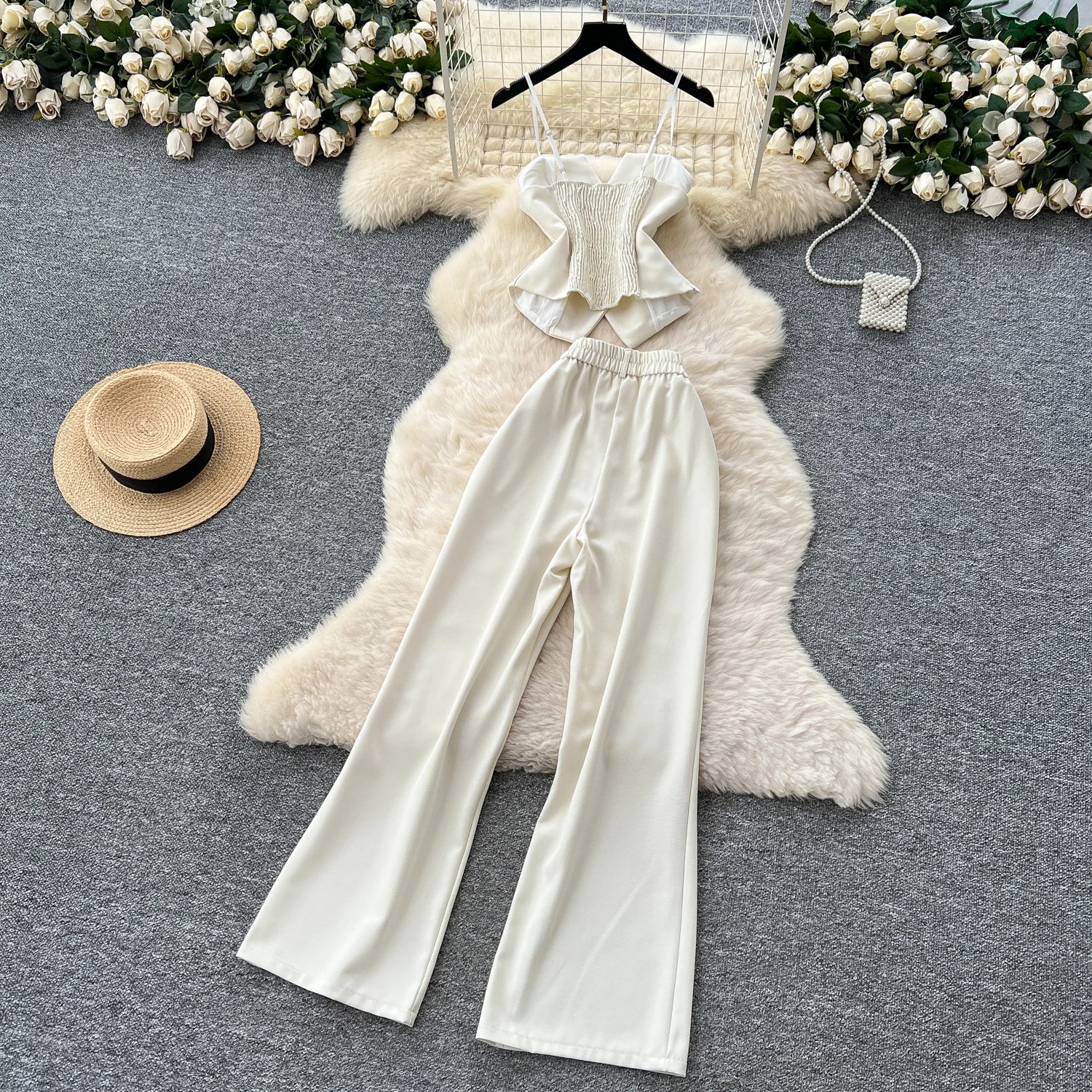 Office Lady Suits Camisole+Wide Leg Zipper Pants Chic Two Piece Set