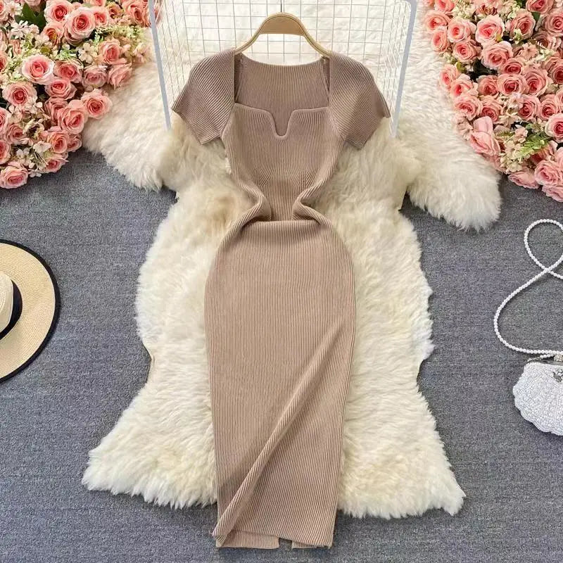 Elegant Square Neck Short Sleeve Slim Fit Knitted Bodycon Dress