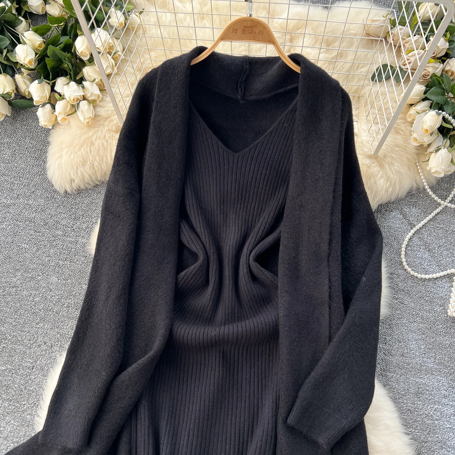 Knitted Two-Piece Sets  Knitting Cardigan+Spaghetti Strap Bodycon Dress