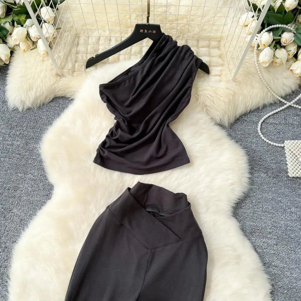 Two Pieces Sets Elegant Chic Skew Collar Pleated Tops + High Waist Flare Casual Pants  Outfits