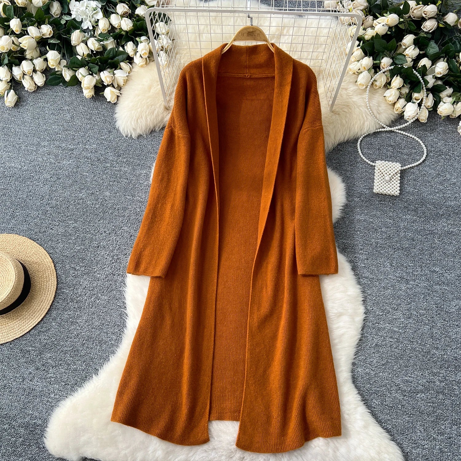 Long Sleeves Oversize Cardigan+Strapless Bodycon Dress Solid Knit 2pcs Sets